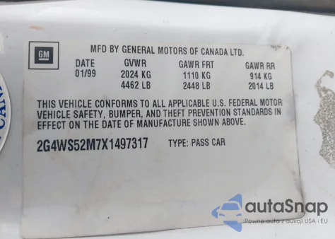 1999 Buick Century Custom из США, поврежденный, VIN 2G4WS52M7X1497317